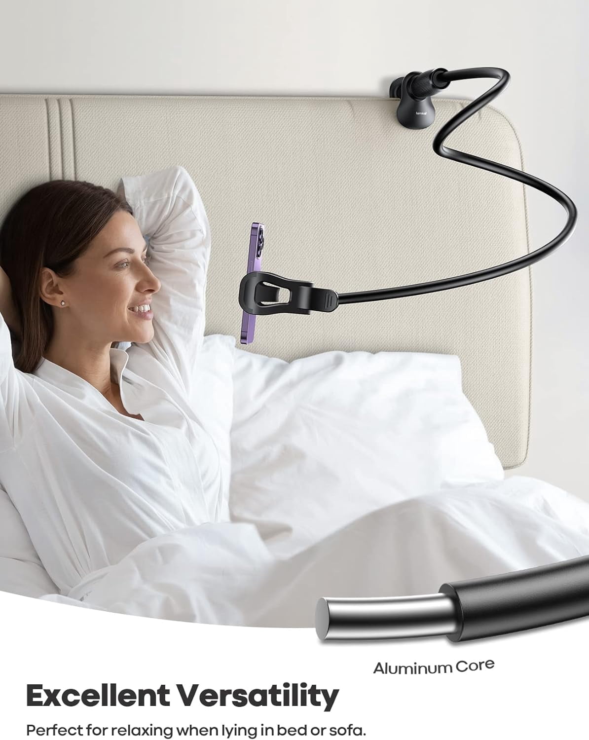 Gooseneck Phone Holder for Bed - [Upgraded Stable Clip] Desk, Headboard, Bed, Bedside, Table, Flexible Long Arm Stand, Overhead Cell Clamp Mount, Gift All 4-7” Device