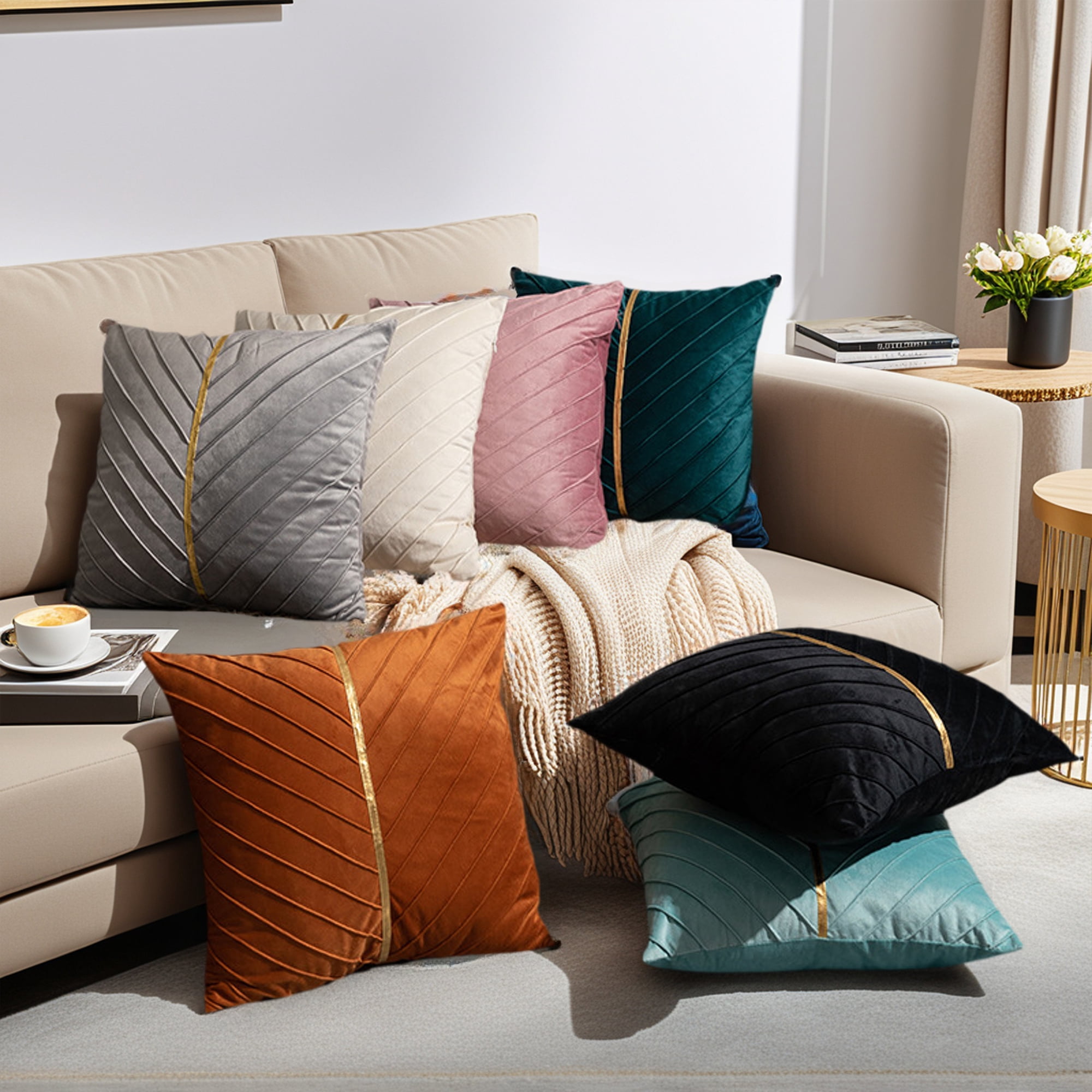 Unique Bargains Velvet Throw Pillow Cover with Gold Striped Cushion Orange 18" x 18"