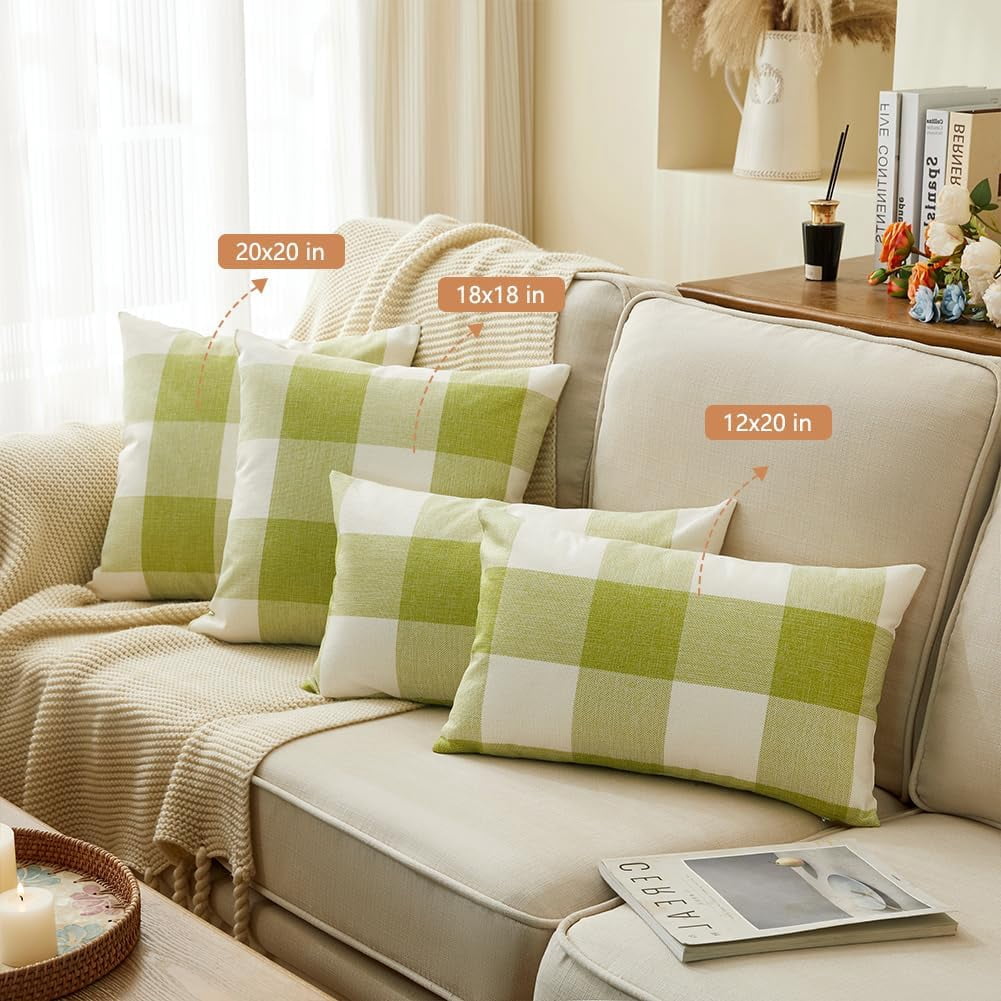 Spring Outdoor Green Plaid Pillow Covers 18x18 Set of 2, Green Farmhouse Buffalo Plaid Throw Pillows, Spring Outdoor Front Porch Decor Gingham Pillow Covers (No Pillow Inserts)