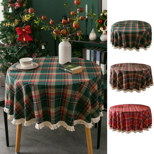 Xihbxyly Mantel Redondo de Mezcla de Lino y Algodón, Diseño Clásico de Cuadros Verdes, Rojos y Café, Lavable a Máquina, Decoración Versátil para Mesas de Fiesta Navideña, Tamaño 150 X 150 Cm.
