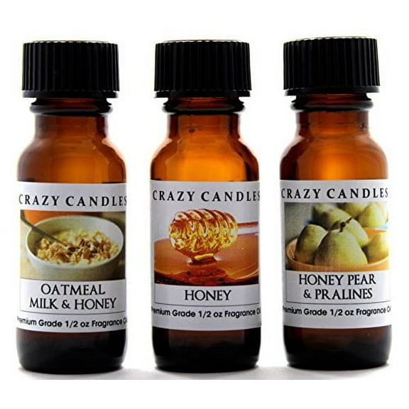 Crazy Candles 3 Bottles Set, 1 Honey Pear & Pralines, 1 Oatmeal, Milk & Honey, 1 Honey 1/2 Fl Oz Each (15ml) Premium Grade Scented Fragrance Oils