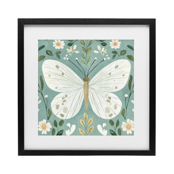 Stupell Industries Scandinavian Teal Butterfly Garden with Daisies Black Framed Print Under Glass, 13 x 13, by Petals Prints Design