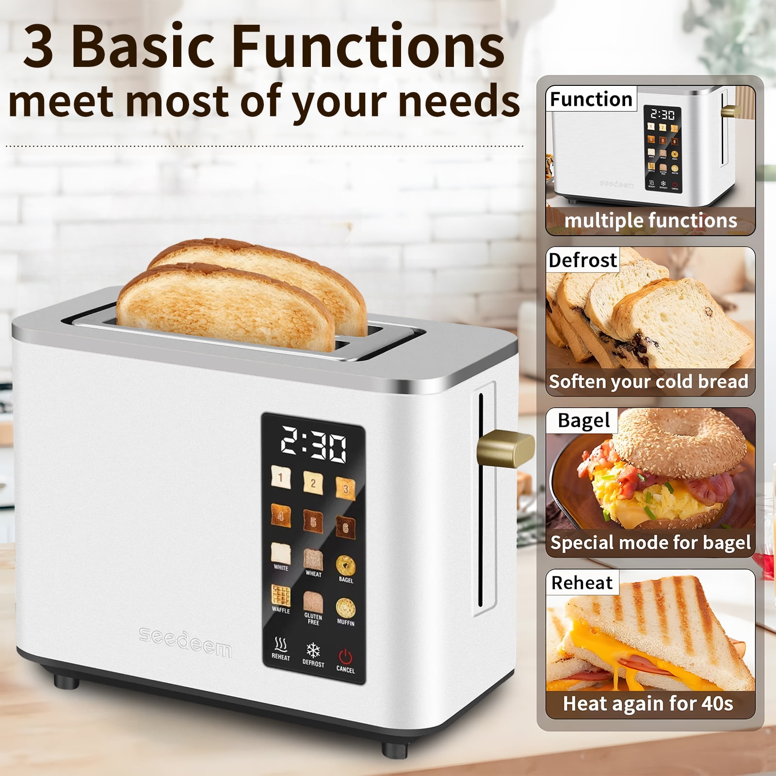 2 Slice-Toaster,Touch Control LCD Screen,6 Shade Setting & Bread Selection,Removable Crumb Tray,Stainless Steel,900W,White