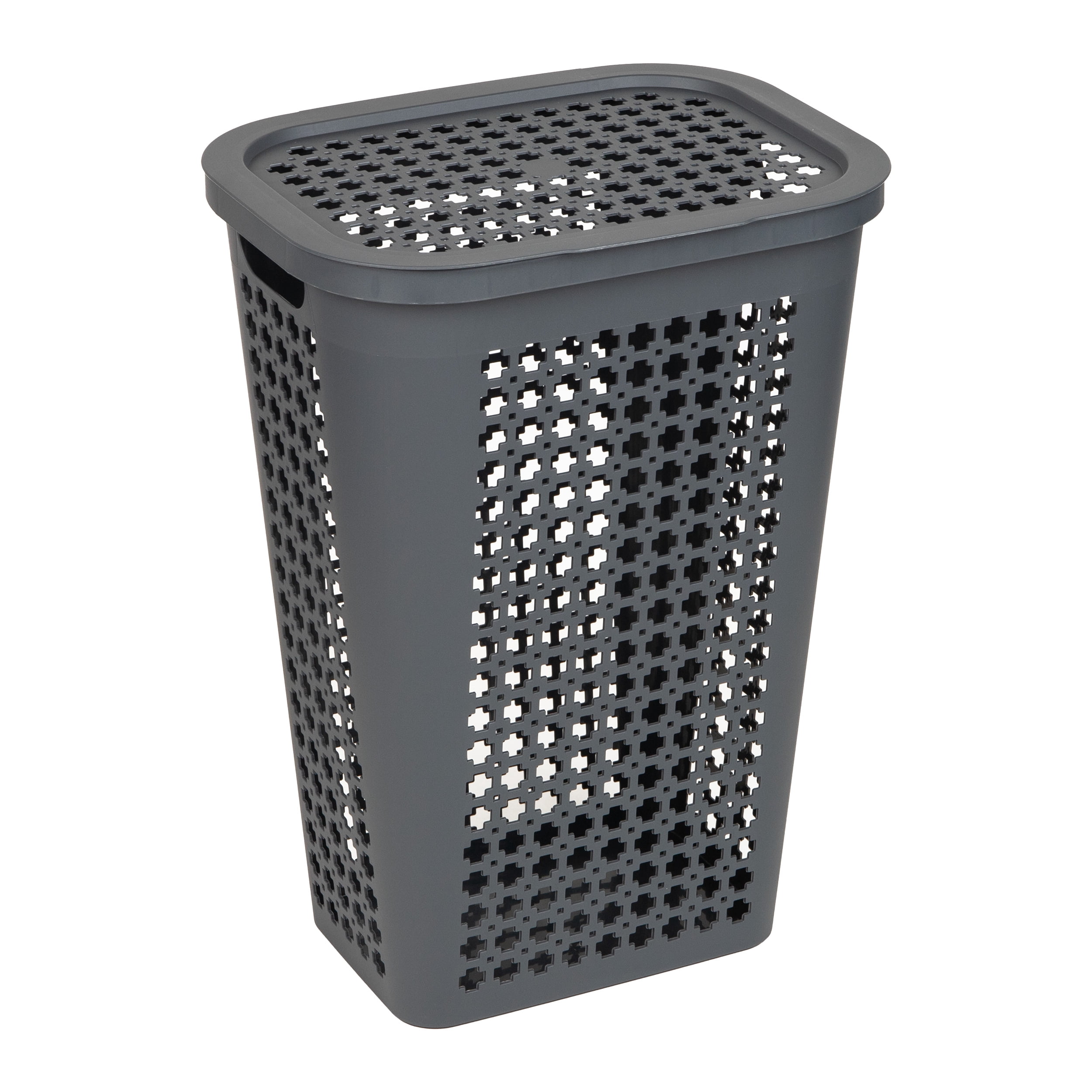 Mind Reader Plastic Tapered Laundry Hamper with Lid, Clothes Basket with Swiss Cross Cut-Outs, Grey