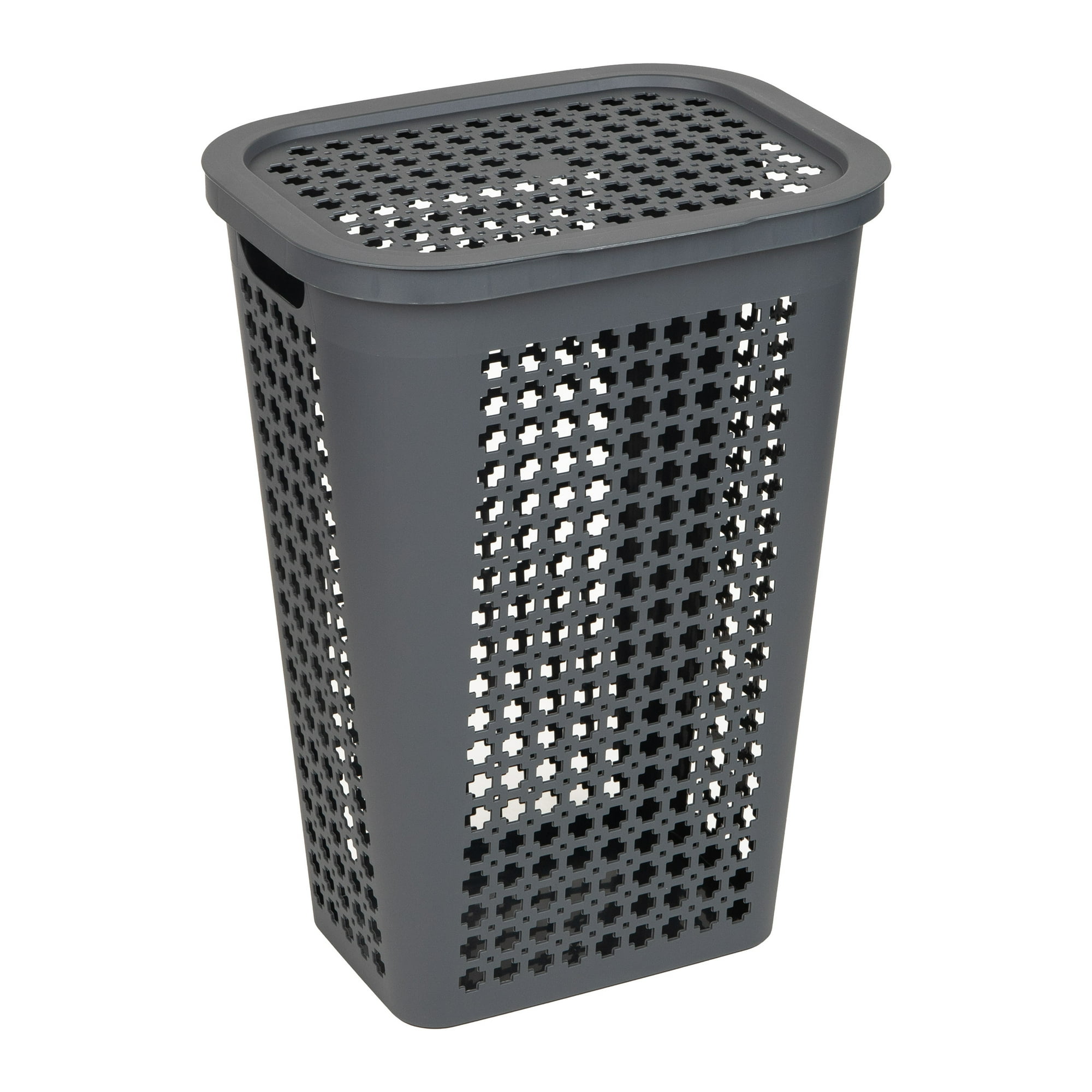 Mind Reader Plastic Tapered Laundry Hamper with Lid, Clothes Basket with Swiss Cross Cut-Outs, Grey