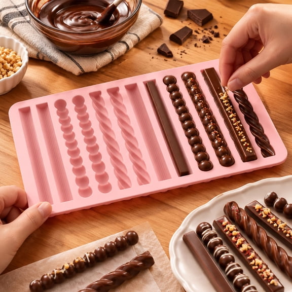 Yardvibe Pretzel Molds Silicone, 12-Cavity Chocolate Rod Stick Silicone Strip Mold, Nonstick Chocolate Stick Candy Molds, Reusable Baking Moulds for Chocolate, Candy, Snacks