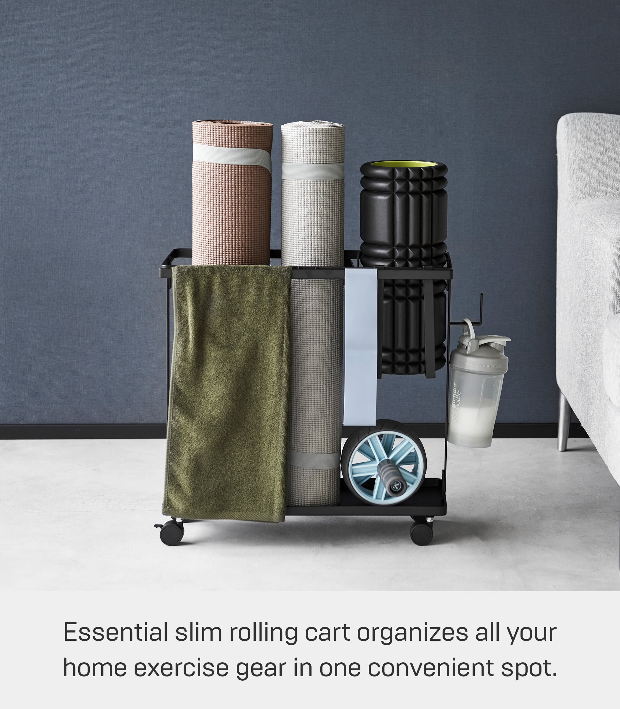 Yamazaki Home Fitness Equipment Storage Cart, Black, Steel, Supports 16.5 pounds, Wheels, Adjustable