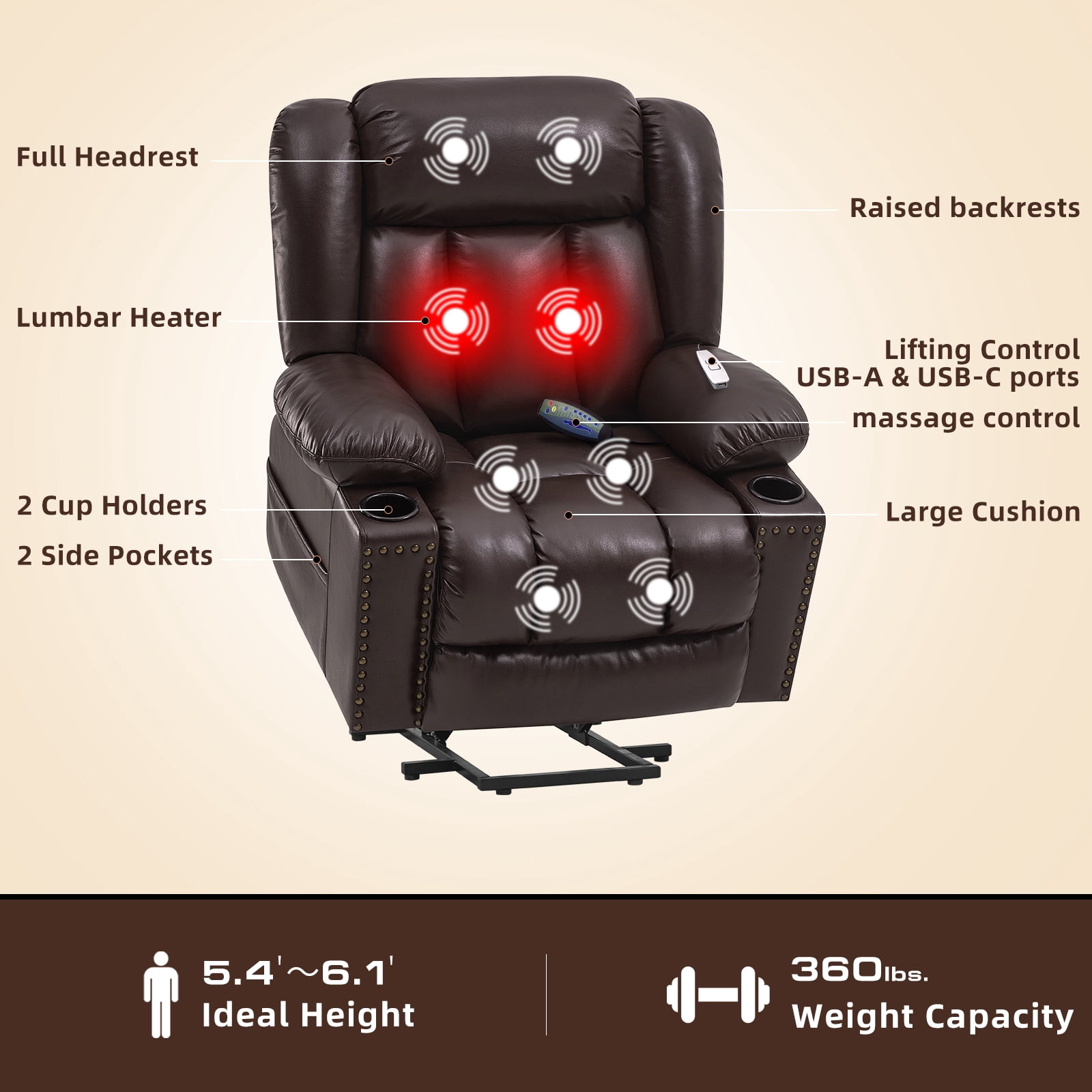 Large Power Lift Chairs Recliners for Elderly with Heated and Massage, Overstuffed Adjustable Lift Chairs, 3 Positions, Breathable Leather, USB-A and USB-C, Cup Holder, Side Pocket, Dark Brown