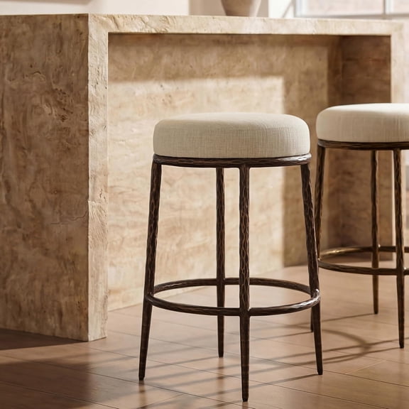 Morden Fort Modern Counter Height Bar Stool, 26 Inch Hand-Hammered Metal Bar Stool with Linen Upholstered Seat, Backless Designer Island Chair for Kitchen Counter, Industrial Antique Bronze