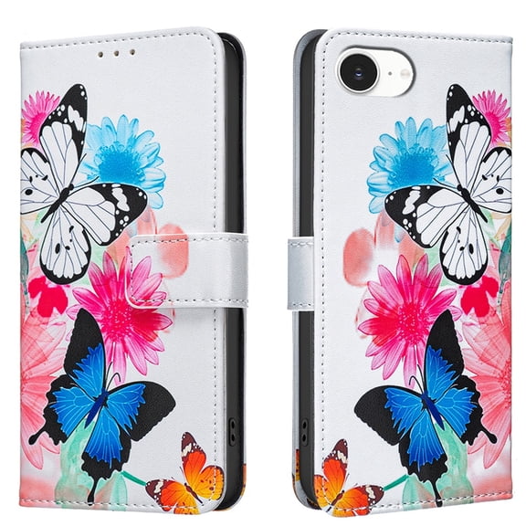 Leather For Apple iPhone 17e / 16e 6.1-inch Wallet Case Butterflys&Flowers, With Card Holder,Wristband,Magnetic Clasp Kickstand Folio Cover,Color-1,For iPhone 17e / 16e