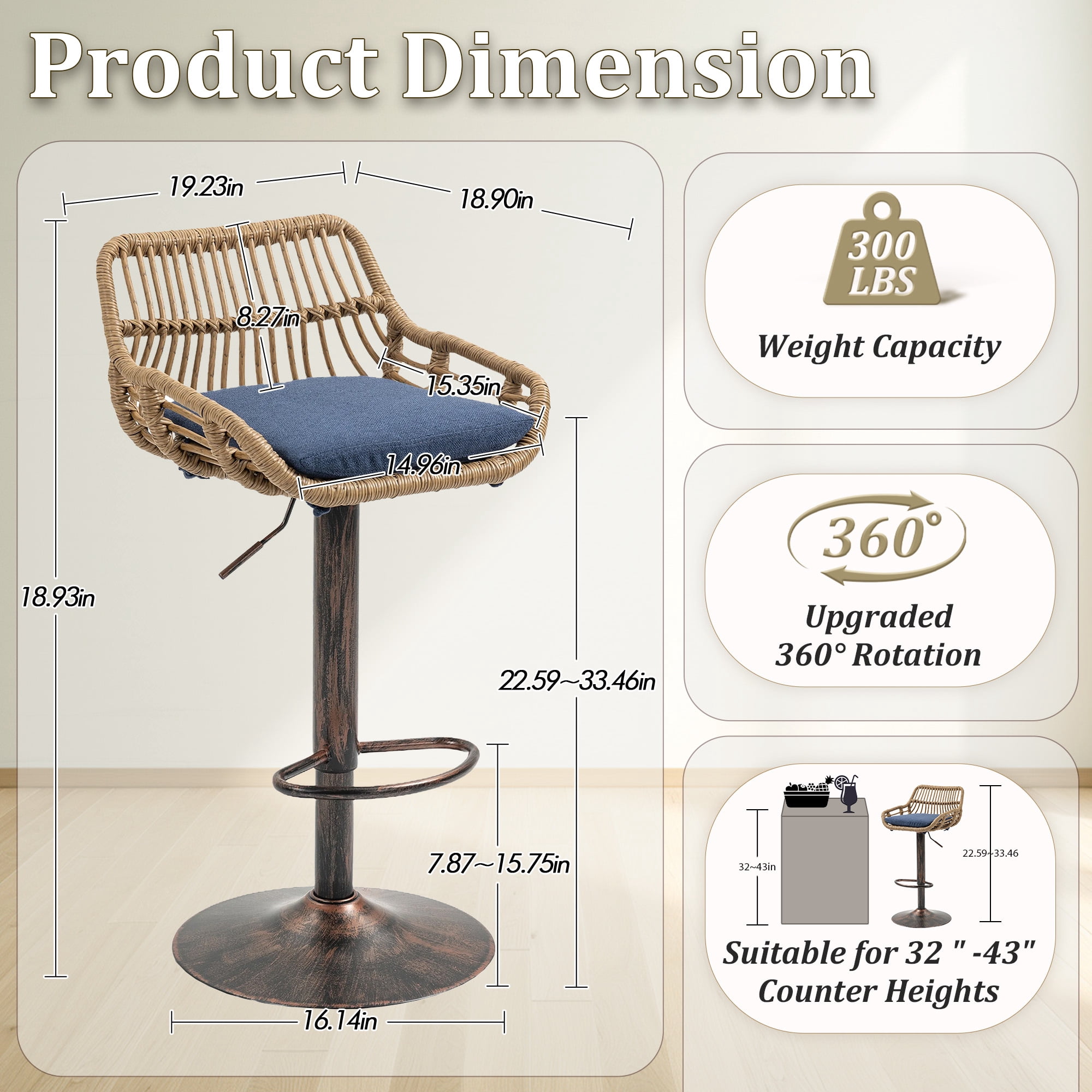 MOONMISS Swivel Bar Stools Set of 2, Modern Adjustable Counter Height Barstools with Back, Rattan Bar Chairs with Cushions & Metal Footrest, Pub Stools for Kitchen, Bar, Dining Room,Blue