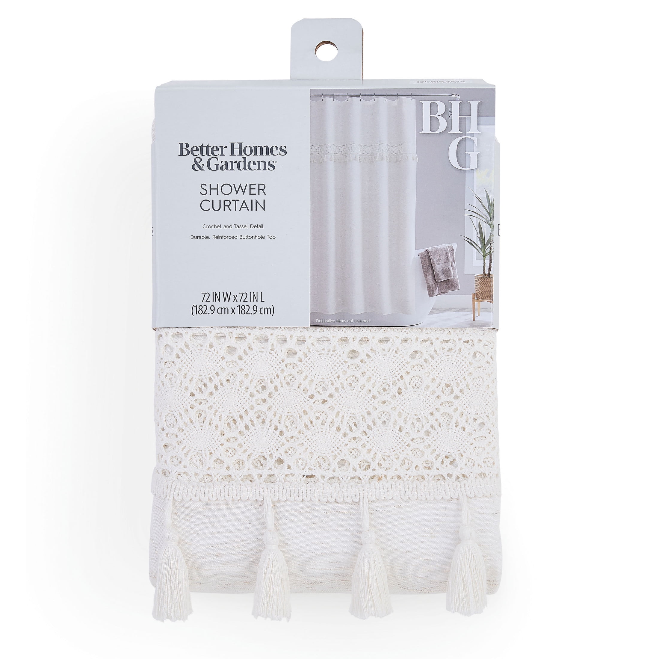 Better Homes & Gardens Crochet Shower Curtain – Beige Linen Look, 72" x 72" – Eco-Friendly Polyester Blend Bathroom Décor