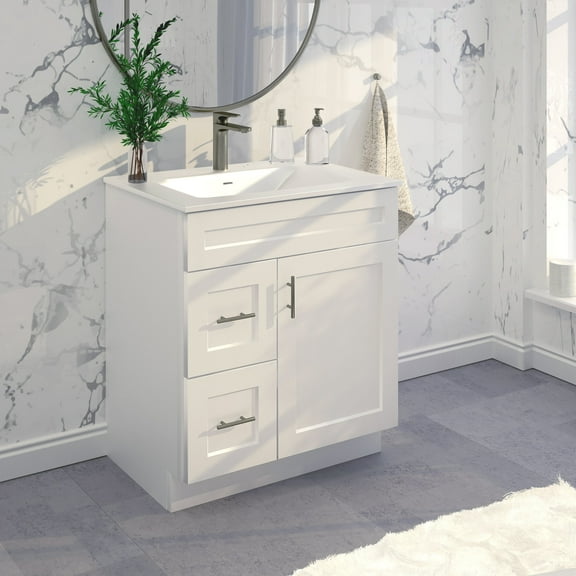 White Shaker Bathroom Vanity Sink Base with Drawers 30" Ready-to-Assemble Cabinet