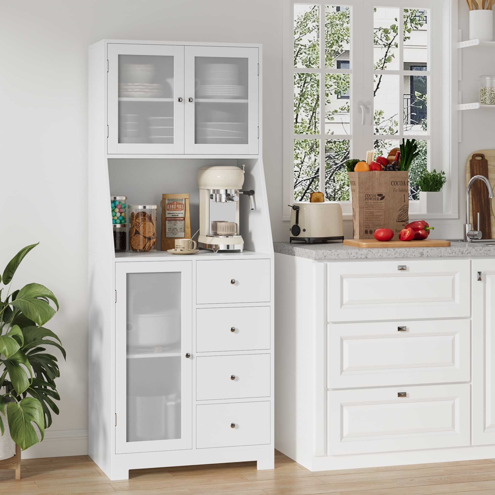 Homfa 64.1'' Kitchen Pantry with Microwave Shelf, 4 Drawers Storage Cabinets with Glass Door for Dining Room, White
