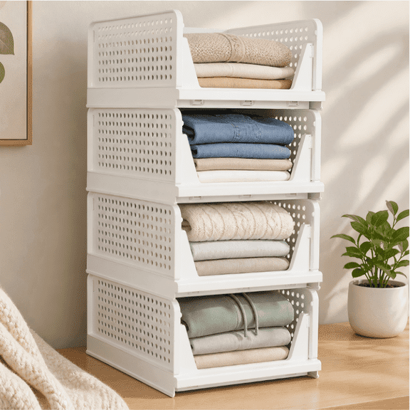 Efoee 4Pack Stackable Closet Storage Basket,Storage Bins,Towel Organizer, Foldable Closet Organizer for RV, Pantry, Bathroom, Kitchen, Dorm,White