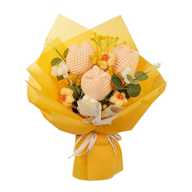 Ramo de flores de ganchillo, flores artificiales, centro de mesa, tulipanes artificiales hechos a mano Amarillo