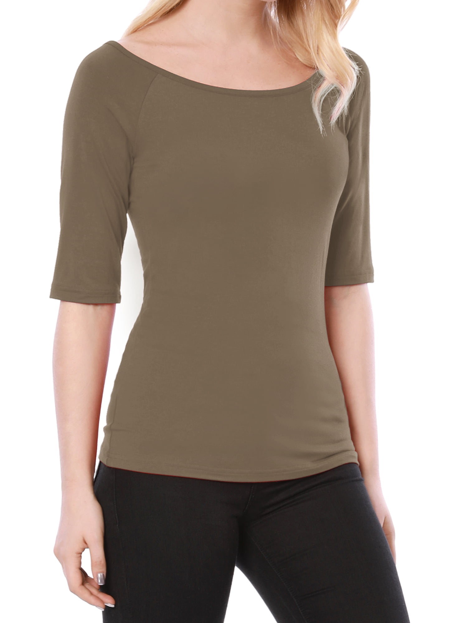 DARING DIVA Women's Slim Fit Pullover Boat Neck Stretchable T-Shirt M Dark Khaki