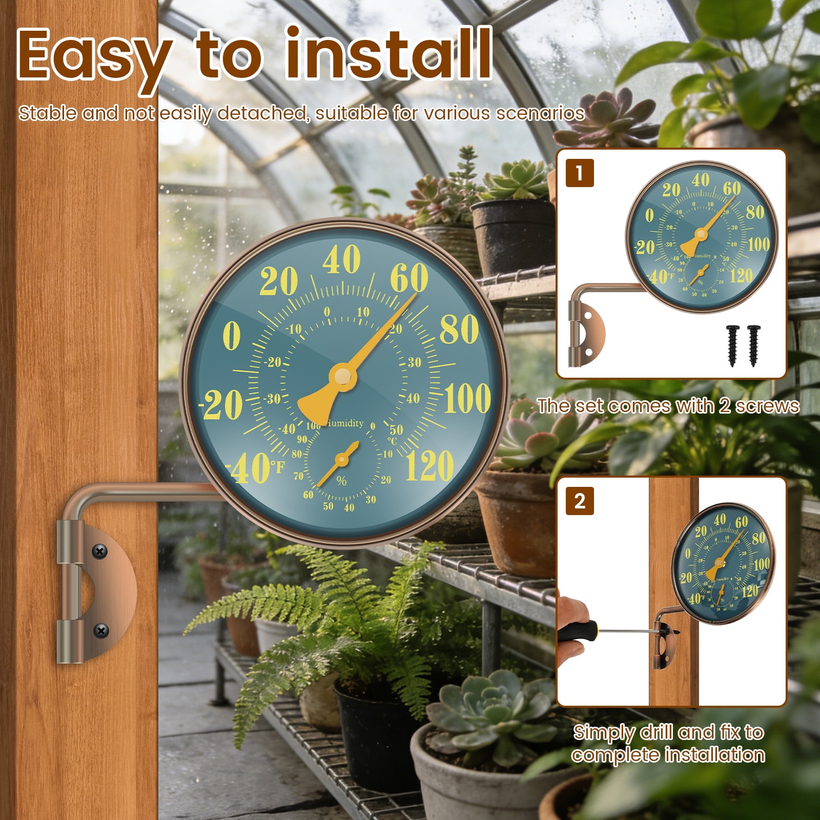 Threns Indoor Outdoor Thermometer Hygrometer - Waterproof Hanging Wall Thermometer Decorative Outdoor Thermometer Large Numbers, No Battery Needed Outdoor Thermometers for Patio