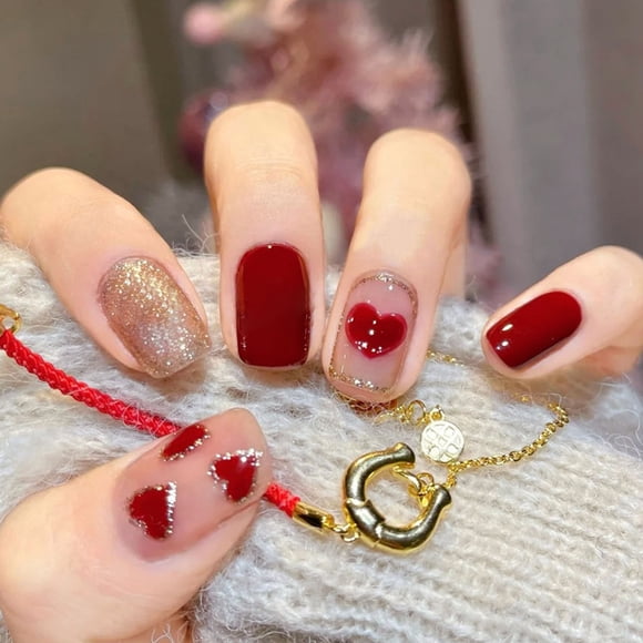 24pcs Valentine's Day Press On Nails, Short Glossy Acrylic Heart Fake Nails, Glitter Artificial Nail Glue Nails for Party, Date, Wedding Wear