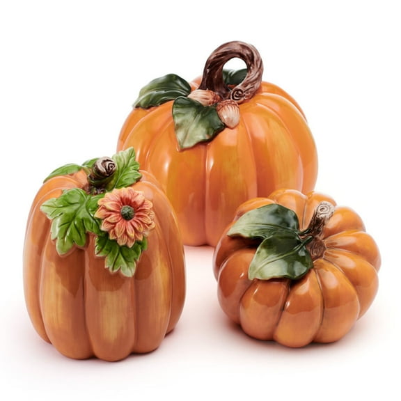 Fitz and Floyd Harvest Pumpkin Orange Earthenware Decorative Figurine (Set of 3)