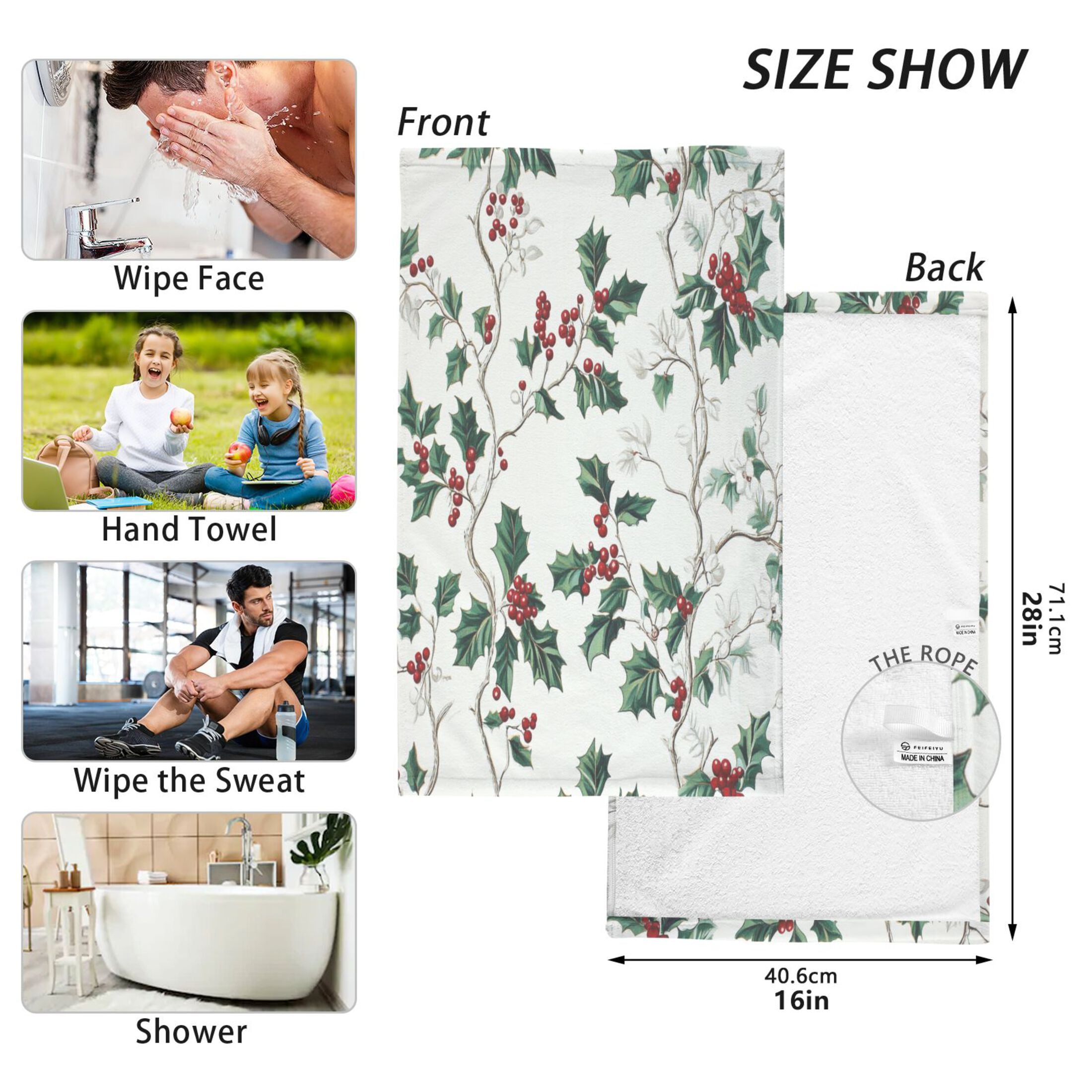 2 Pcs Absorbent Face Towel Bath Hand Towels Soft Breathable Cotton Towel Set for Bathroom Kitchen Hotel Spa Decor Holly Leaves and Berries