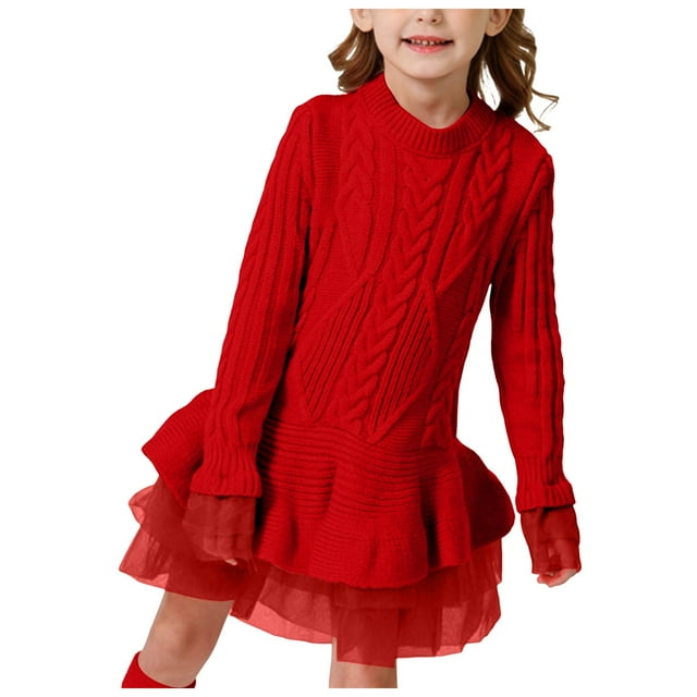 Splozh Robe Chandail à Manches Longues pour Bébé et Tout-Petite Fille, Printemps et Automne, Robe de Fête à Manches Longues d'Hiver pour Filles, Robe en Maille à Motif Rouge, 6-7 Ans
