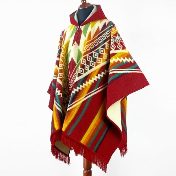 Guismi - Baby Alpaca wool Hooded Unisex Poncho XXL - Aztec pattern - RED