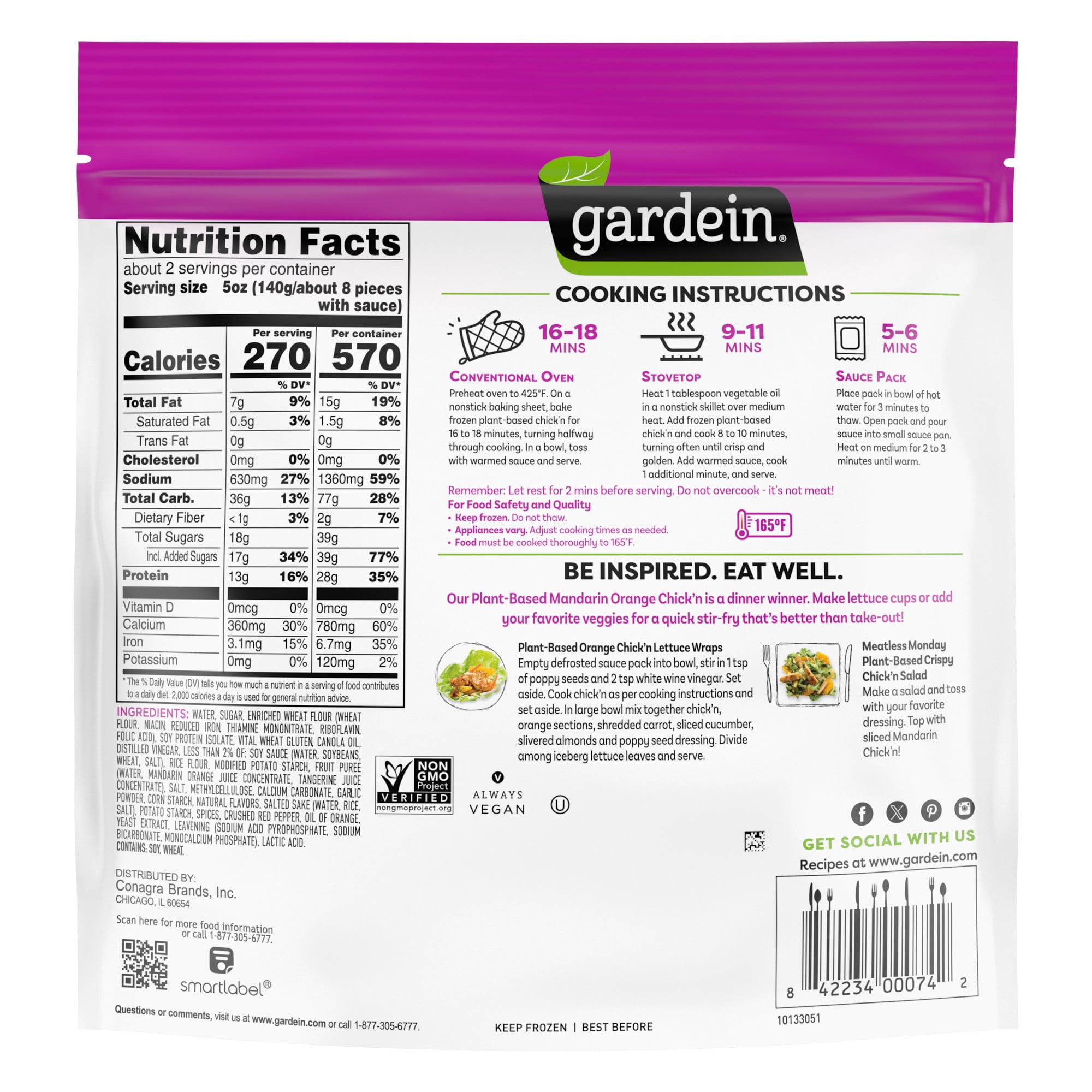 Gardein Plant-Based Mandarin Orange Crispy Chick'n, Vegan, Frozen Meat Alternative, 10.5 oz.