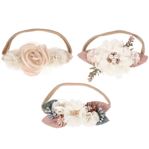 3 unids Baby cientos días Photo Headbands Pearl Flowe Hairbands (Rosa, Beige)