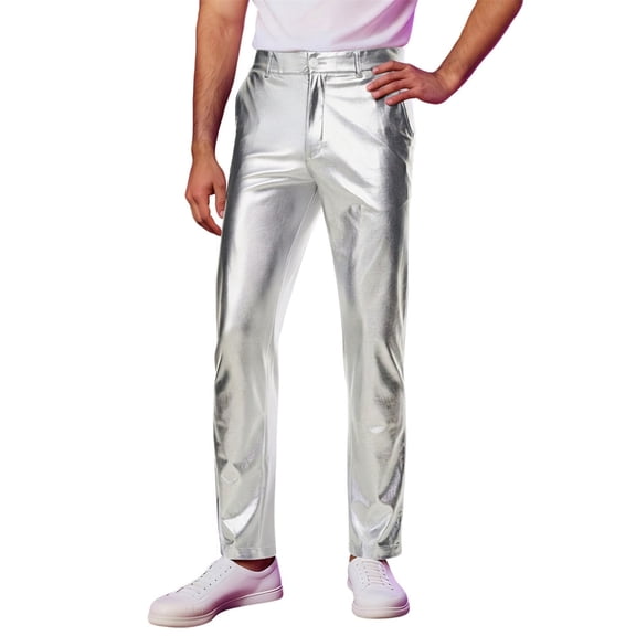 JAJAHO Metallic Disco Pants Mens Shiny Straight Leg Casual Trousers Rave Party Dance Club Night Out Flat-Front Soft Trousers
