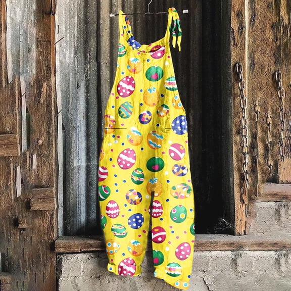 XUNKUSGA Jumpsuits for Women Cute Bunny Easter Egg Graphic Rompers for Women Baggy Sleeveless Adjustable Strap Wide Leg Overalls for Women with Pockets,Yellow,M