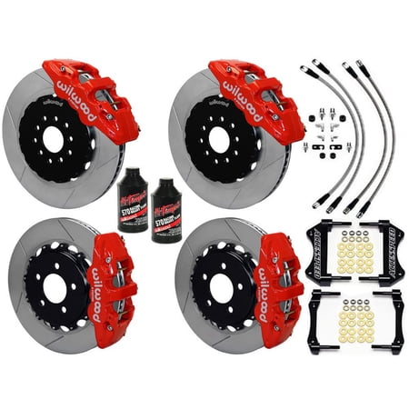 WILWOOD FRONT & REAR BIG BRAKE KIT WITH FREE BRAKE LINES & BRAKE FLUID, AERO6 15 FRONT & 14 AERO4 REAR, RED CALIPERS, SLOTTED ROTORS, For 2015 2016 2017 2018 2019 MUSTANG