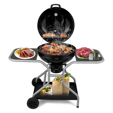 Charcoal Grill, BBQ Grill with 2 Side Tables, Storage Shelf, Upgraded Ash Catcher, Barbecue Grill with Thermometer, Air Vents and Wheels for Outdoor Backyard, Patio and Parties,Black