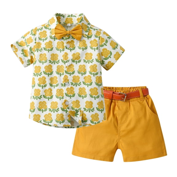 Zwiiyzr 6M-6Y Baby Boys Formal Suit Set Summer Clothes 2 Pieces Short Sleeve Button Down Shirts Shorts Suit With Bow Tie Toddler Boy Tuxedos Outfits Yellow
