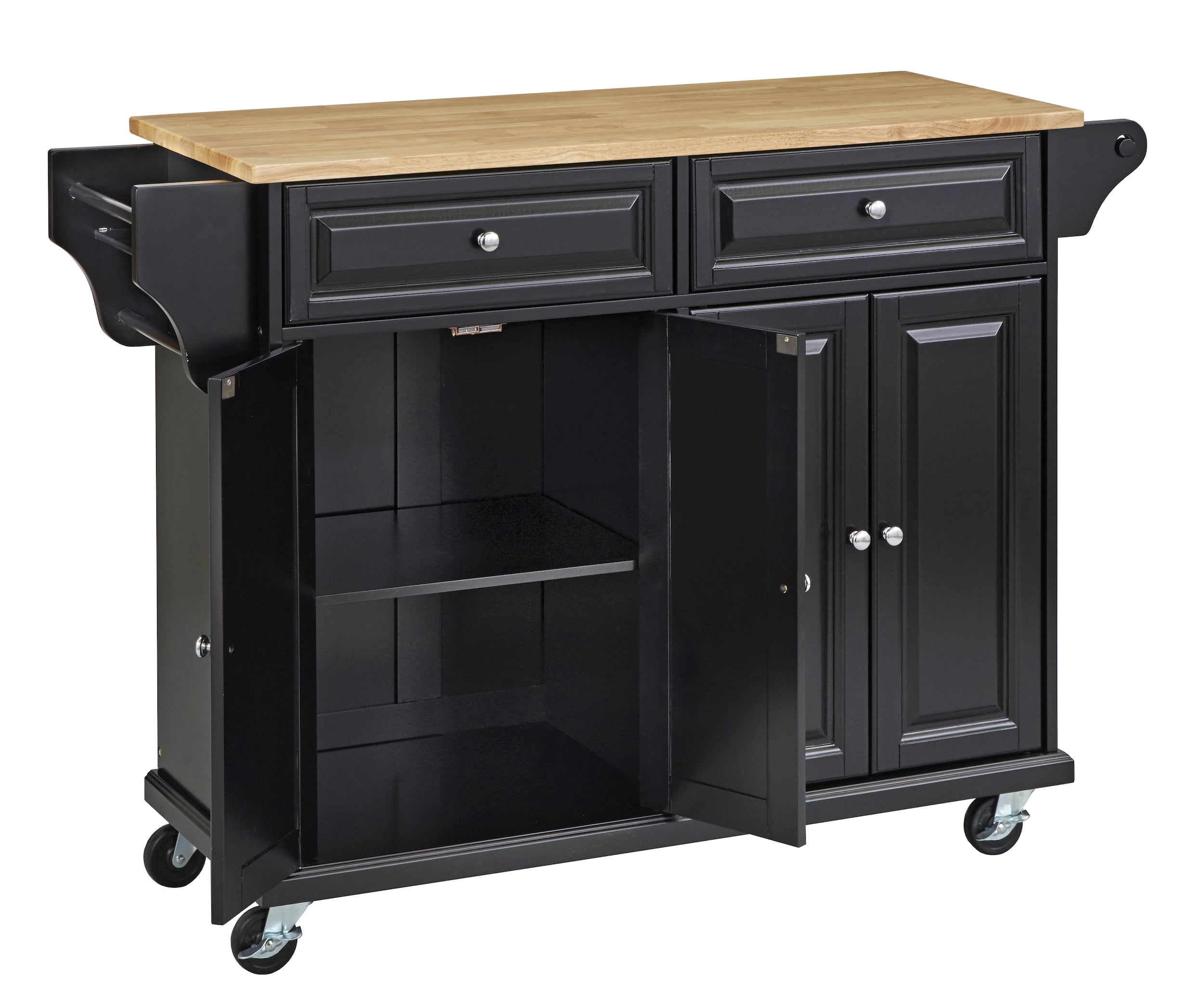 TMS Georgia Butcher Block Rolling Kitchen Island with Drawers, Shelves, Towel Racks, and Spice Rack, Black