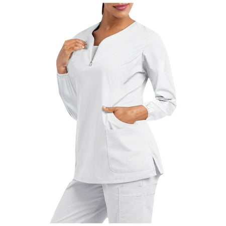 

TAIAOJING Women Scrubs Top Workwear Long Sleeve V-Neck Pocket Care Workers T-Shirt With Pocket Solid Color Tops