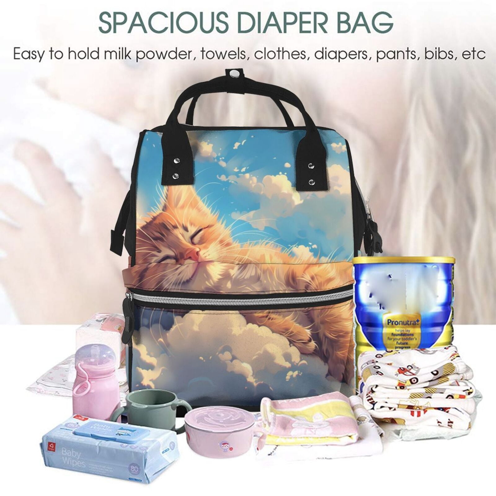Fuzoiu Cloud Sleeping Cat Print Diaper Bag Backpack,Baby Essentials Travel Tote,Multi function Waterproof Diaper Bag, Travel Essentials Baby Bag - Unisex