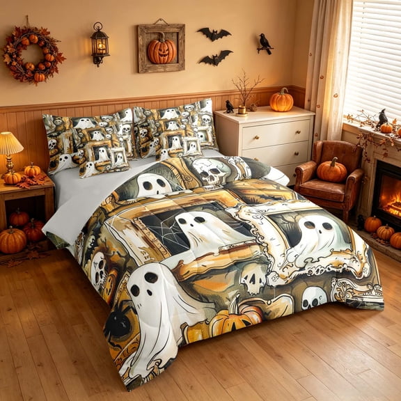 Homewish Halloween Funny Ghost Twin Bedding, Skull Bat Pumpkin Bedding Comforter Set, Sepia Tan, Gray Reversible 7-Piece