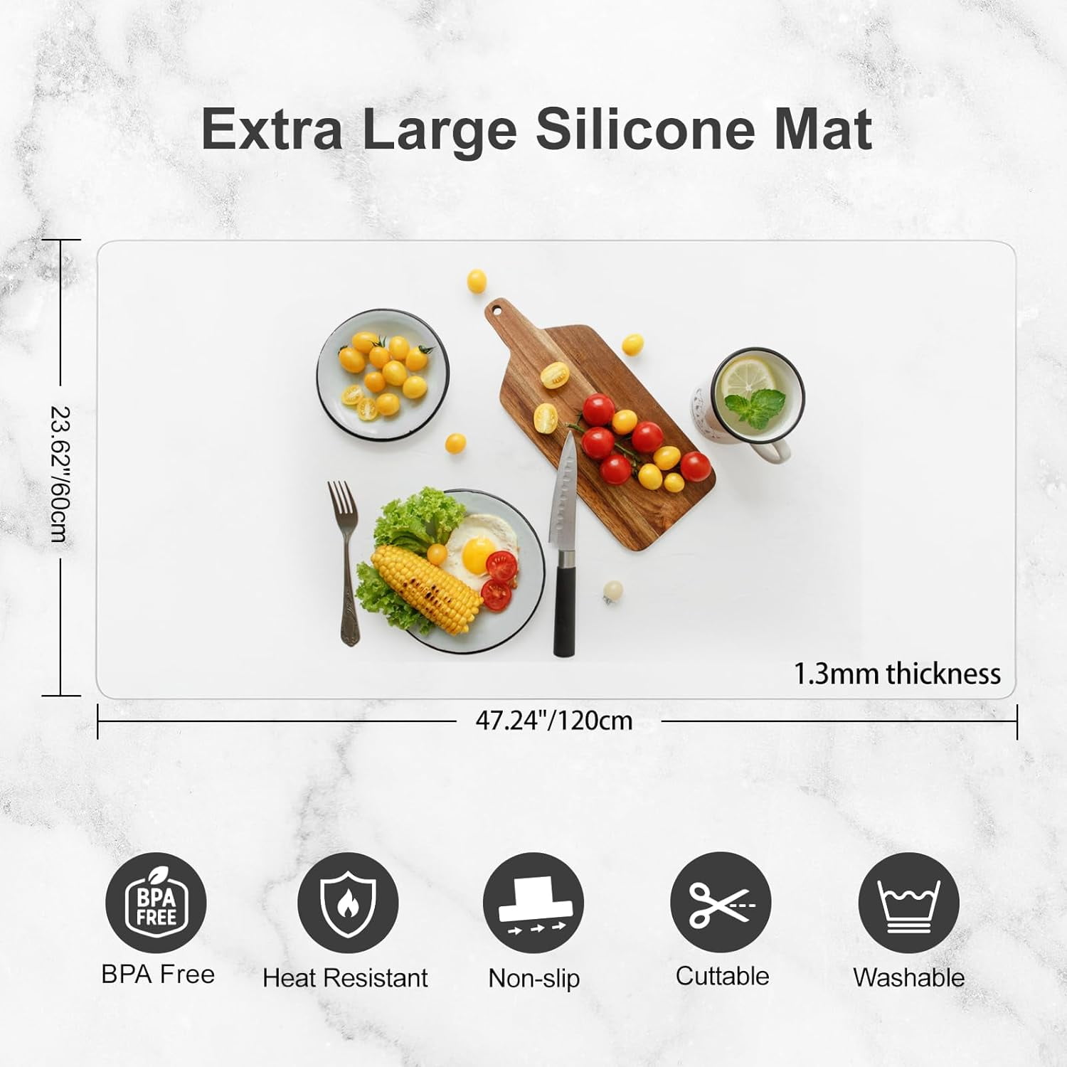 Silicone Mats for Kitchen Counter,  47.24"x 23.62" Extra Large Silicone Countertop Protector, Non-slip Heat Resistant Mats for Countertop, Shipped Rolled Up, No Creases, White Translucent