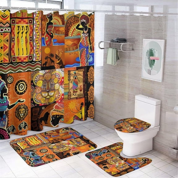 4 Pcs Rustic Animal Lion Leopard Print Shower Curtain Set,Vintage Watercolor African Savannah Wildlife Lion Bathroom Set Waterproof Toilet Cover Shower Mat Rugs
