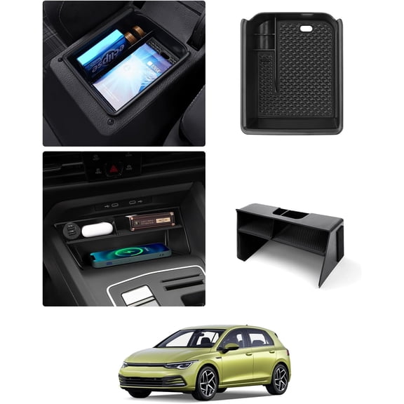 Canvcle 2PCS Center Console Organizer Tray for 2022-2025 VW Volkswagen Golf GTI R MK8 Accessories Middle Console Tray Armrest Storage Box with Non-Slip Silicone Mat