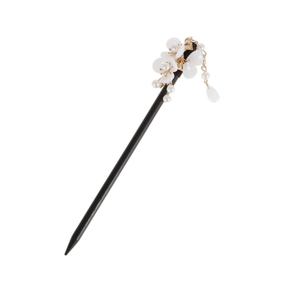 Unique Bargains 1 Pc Hair Chopstick Classic Three-petal Flower Tassel Hair Hairpin Black White