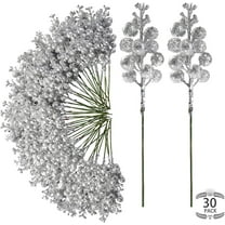 Nvzi 30Pcs Christmas Glitter Berries Stems Artificial Red Berry Branches Holly Picks Stems Christmas Tree Ornaments for DIY Xmas Wreath Crafts Gifts Holiday Home Decor (Silver)