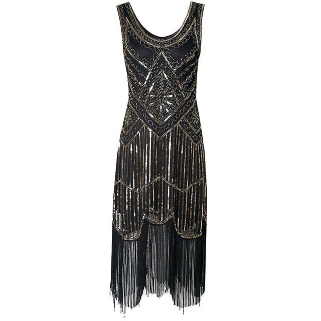 vestido flapper de los años 20 para mujer, vestido largo con flecos y cuentas negro y dorado con escote redondo, silueta recta sin mangas, decorado con lentejuelas geométricas estilo Art Déco y flecos móviles en la falda, poliéster, ideal como disfraz Gatsby o para fiestas temáticas.