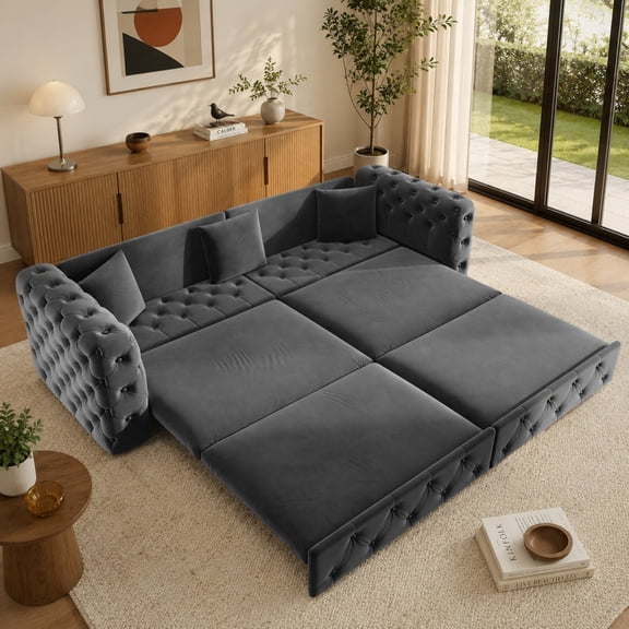 DEALTOPS 89 Inch Chesterfield Tufted Velvet 3 in 1 Pull Out Sofa Bed, 4 Seater Tuxedo Living Room Couch, Gray