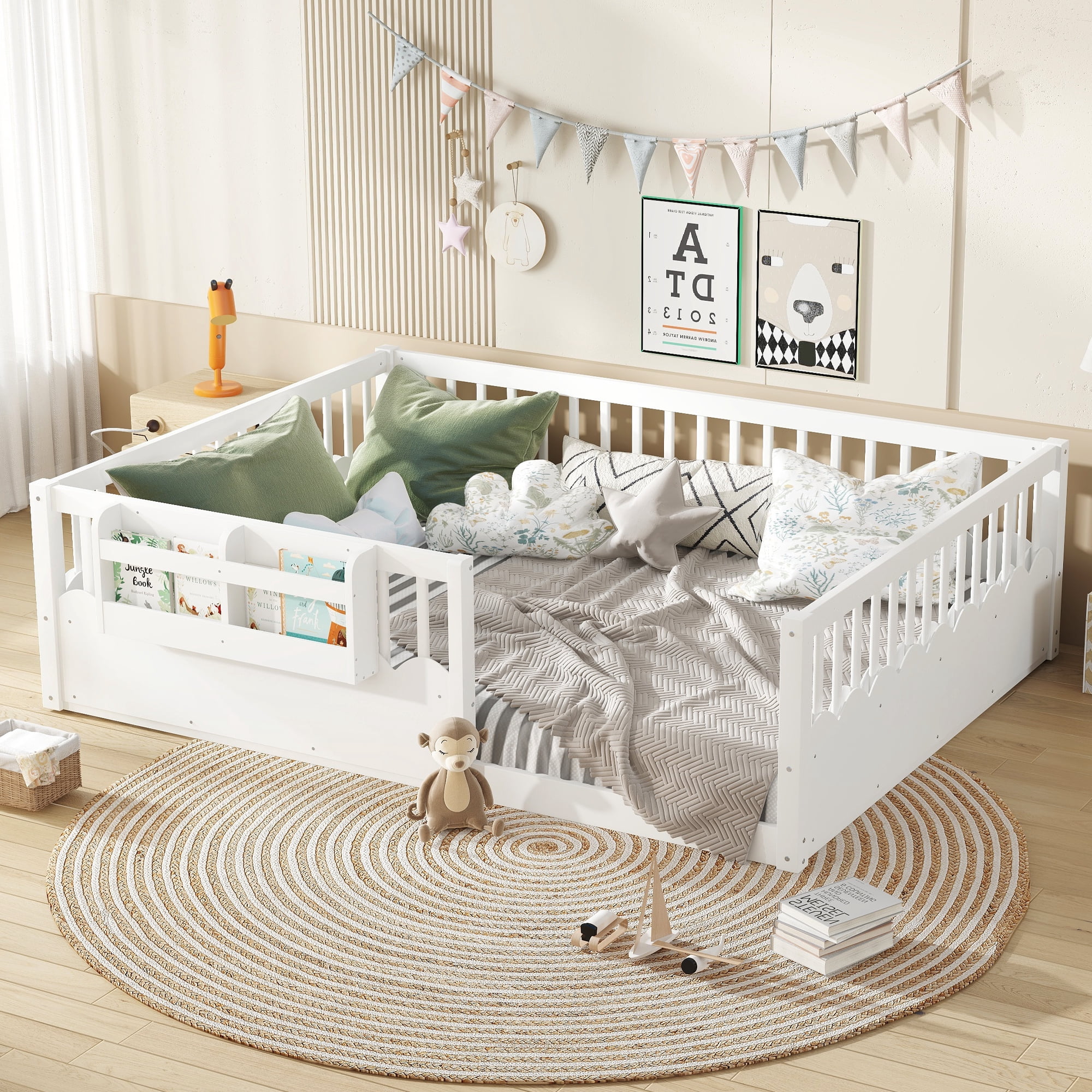 Mintazer Queen Montessori Floor Bed with Bookshelf & Heightened Fence, Kids Wood Floor Bed for Boys and Girls, White