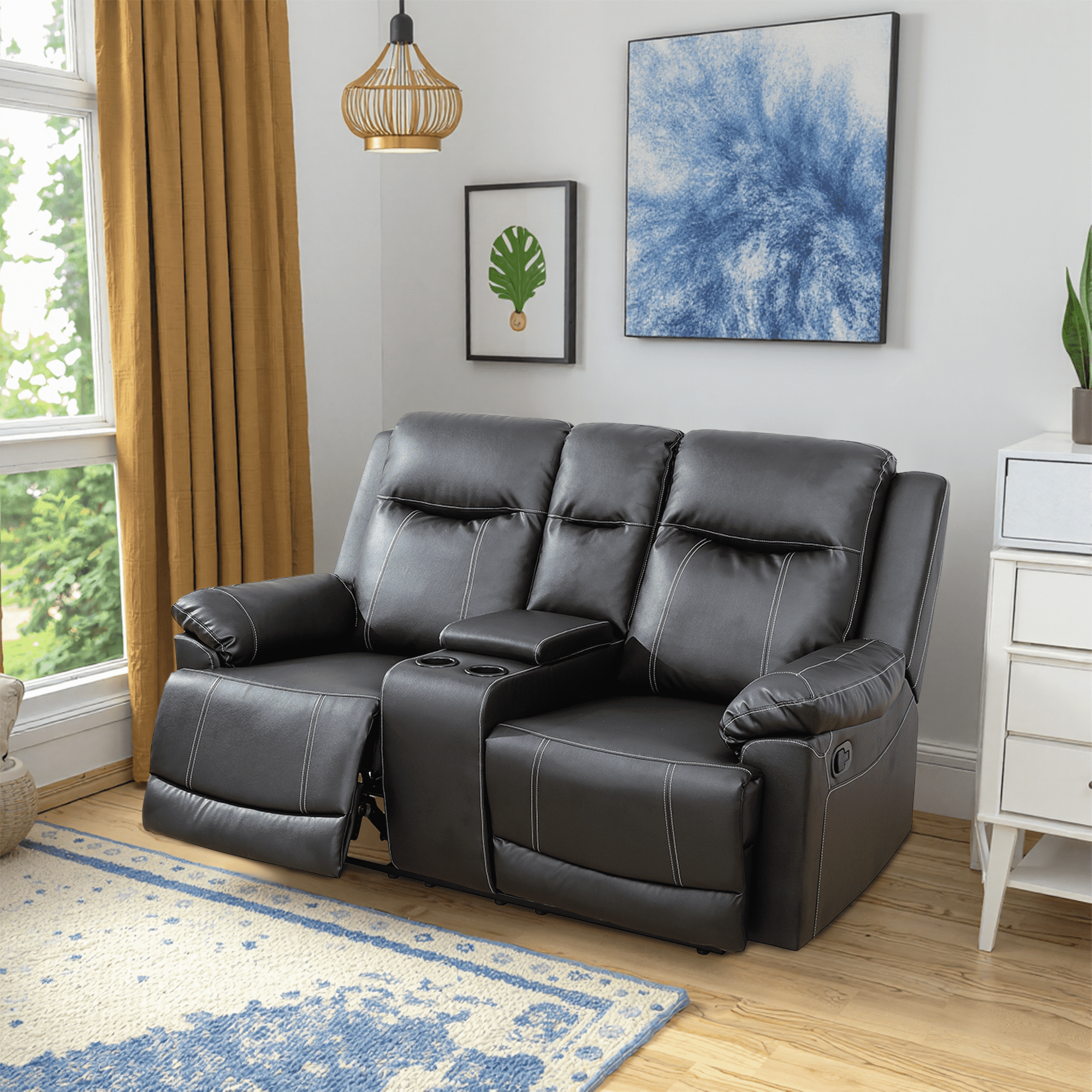 MAYEERTY 71" Contemporary Semi PU Synthetic Leather Loveseat Stylish Sofa with Faux Leather Upholstery for Living Room，Black