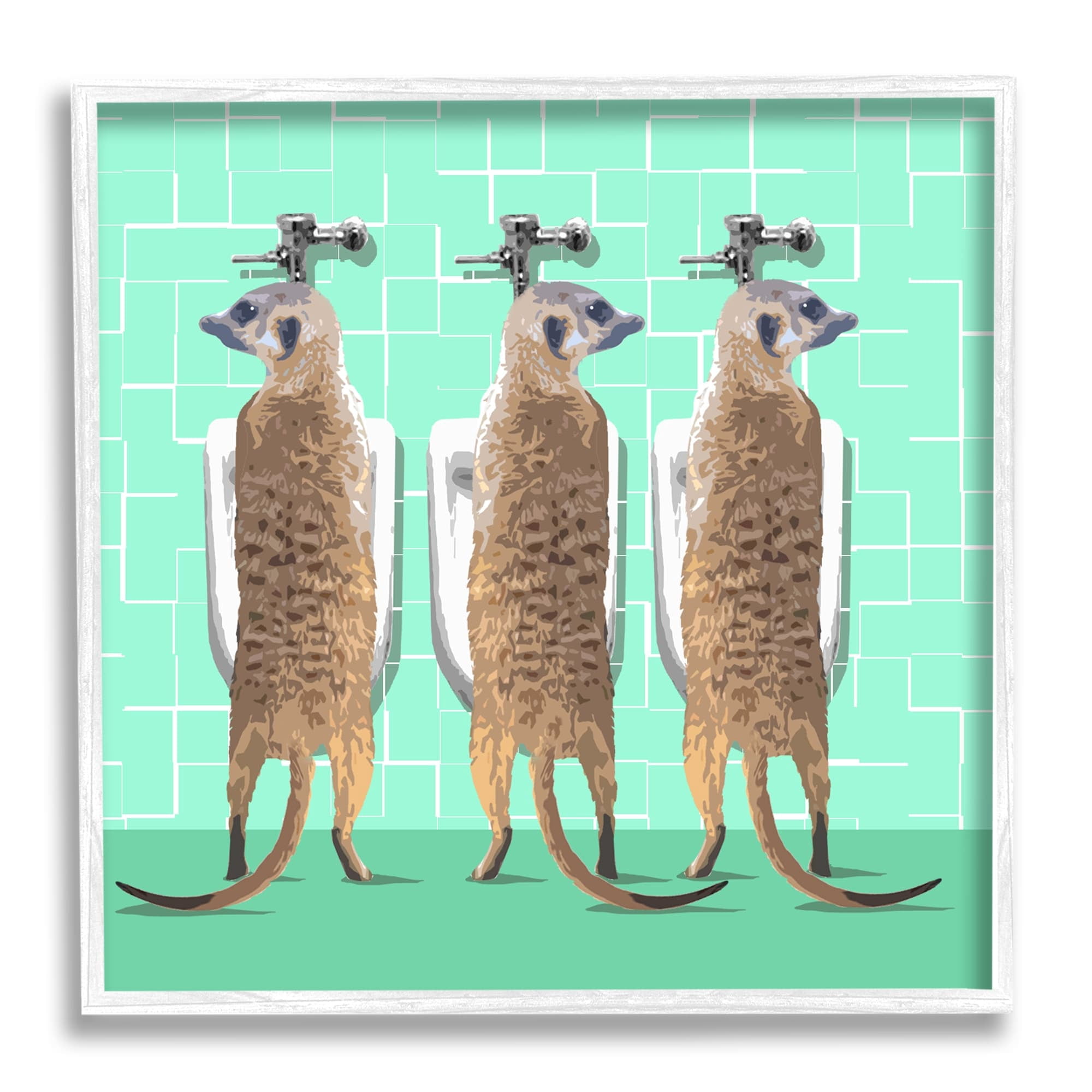 Stupell Industries Funny Meerkats Using Urinal Toilet Green Shapes Pattern Graphic Art White Framed Art Print Wall Art, Design by Noah Bay