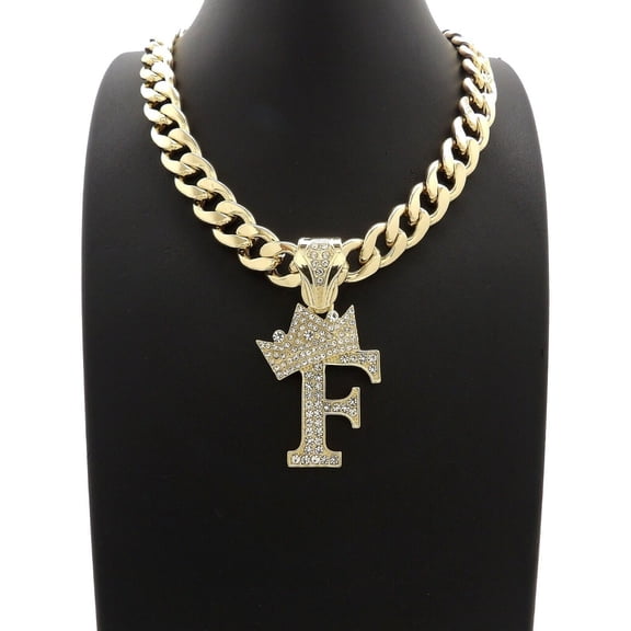 Hip Hop Gold Plated Crowned Alphabet Initial F Pendant & 10mm 20" Cuban Choker Chain Necklace