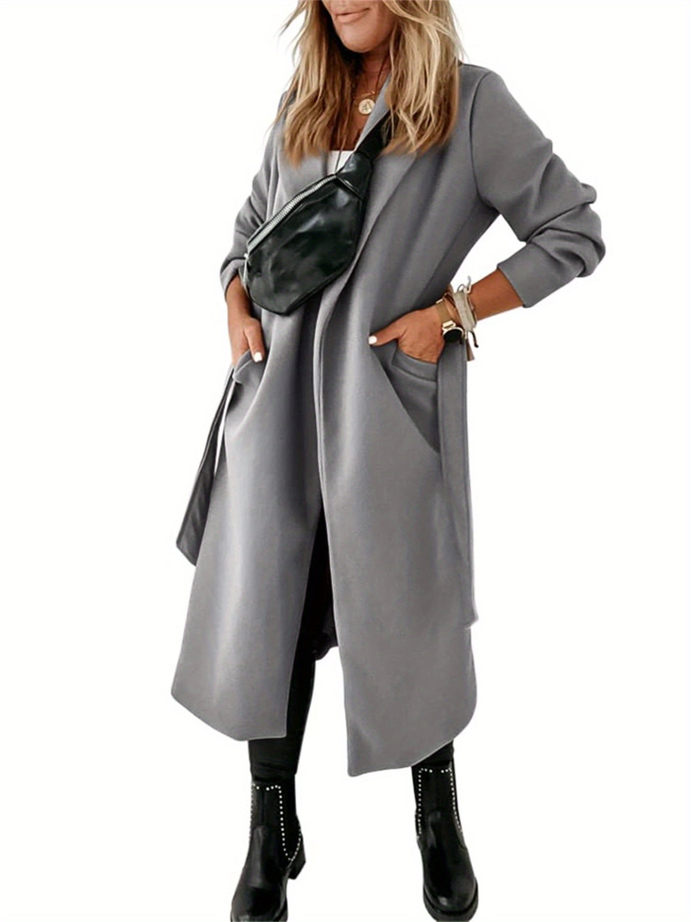 Autumn Winter Womens Classic Coat Lapel Collar Open Front Belted Long Jacket - image 4